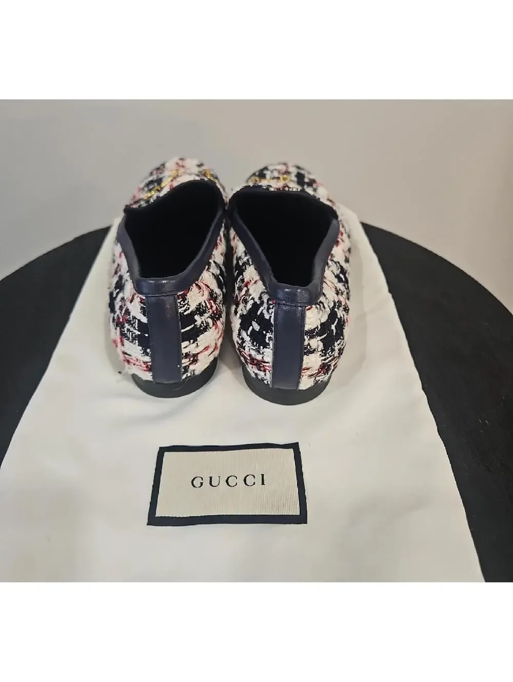 Gucci Tweed Horsebit Loafers in Navy, White & Red